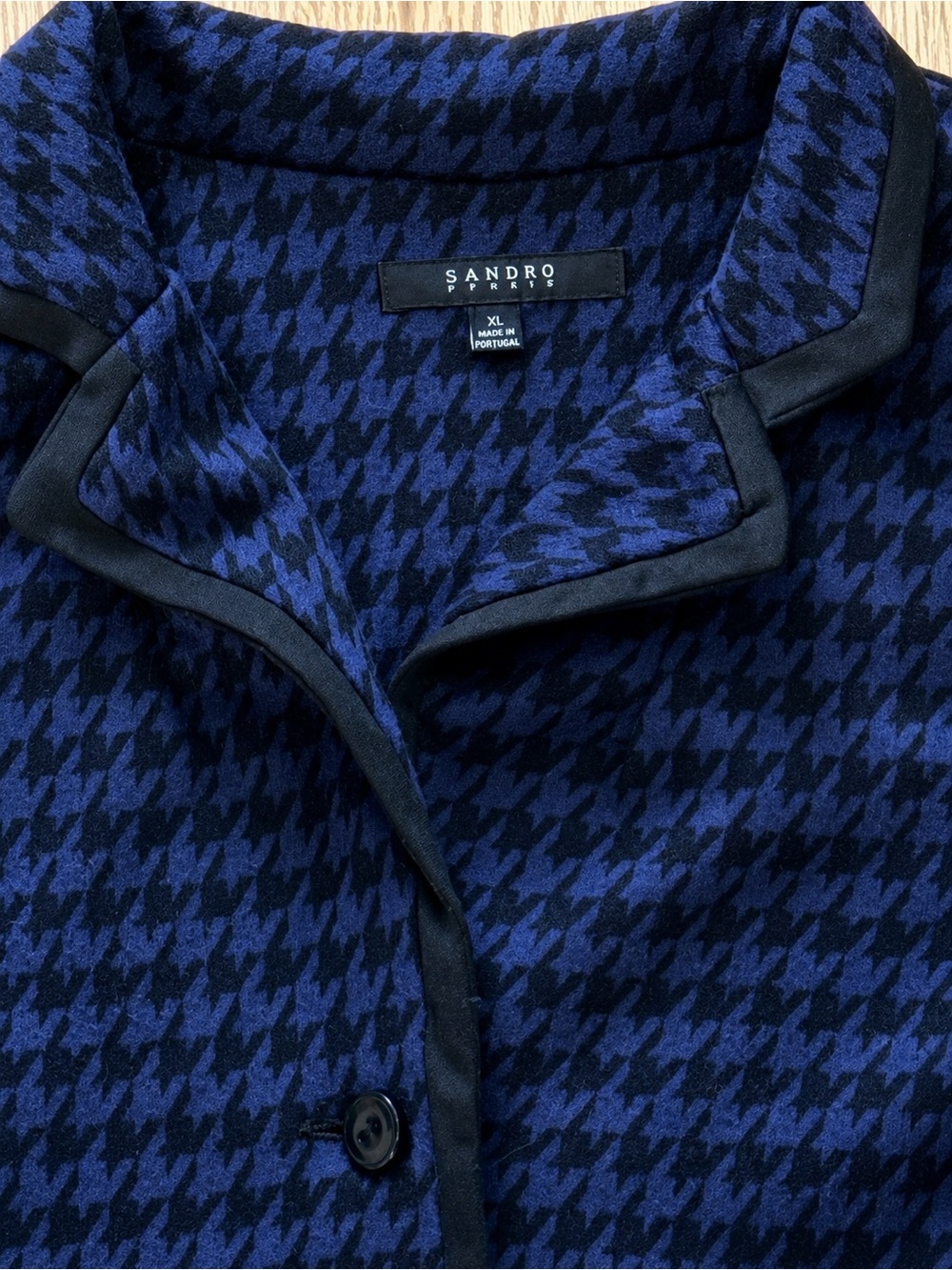 Sandro Paris Houndstooth Blazer Navy Blue Black Two Button Jacket Stretch XL - Picture 3 of 7